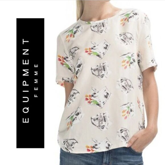 Equipment Femme, Riley Tee in Newspaper and Tulip flowers print, Beige, Tan - Picture 1 of 6